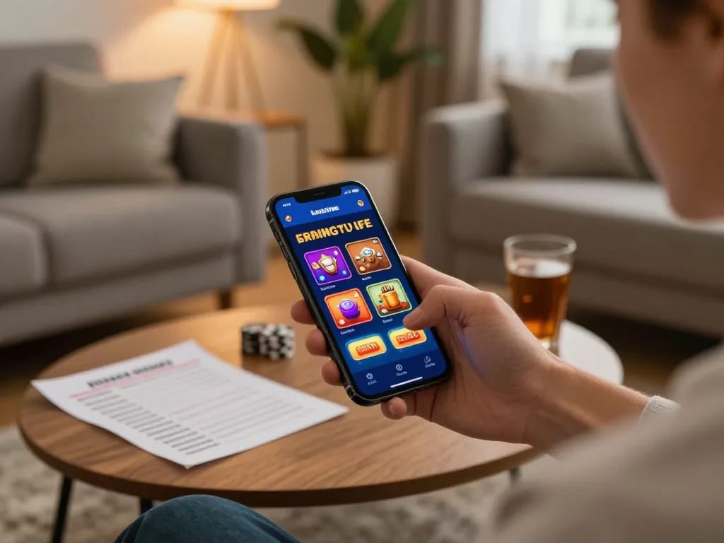 Engaged player using nhà cái CM88 app in a cozy living room setting, showcasing responsible gaming.