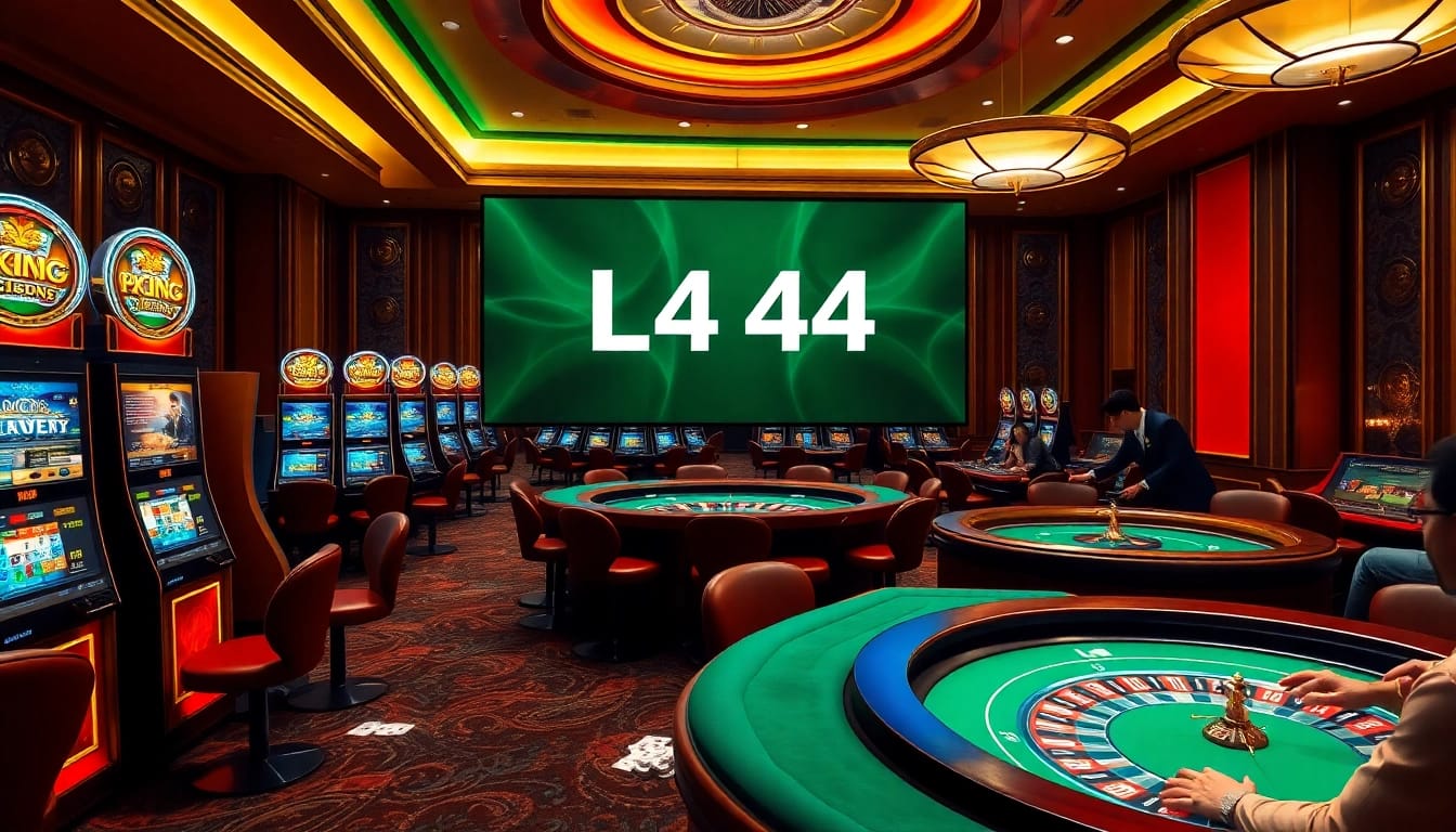 L444 gaming experience featuring vibrant slots and elegant poker tables in a sophisticated casino environment.