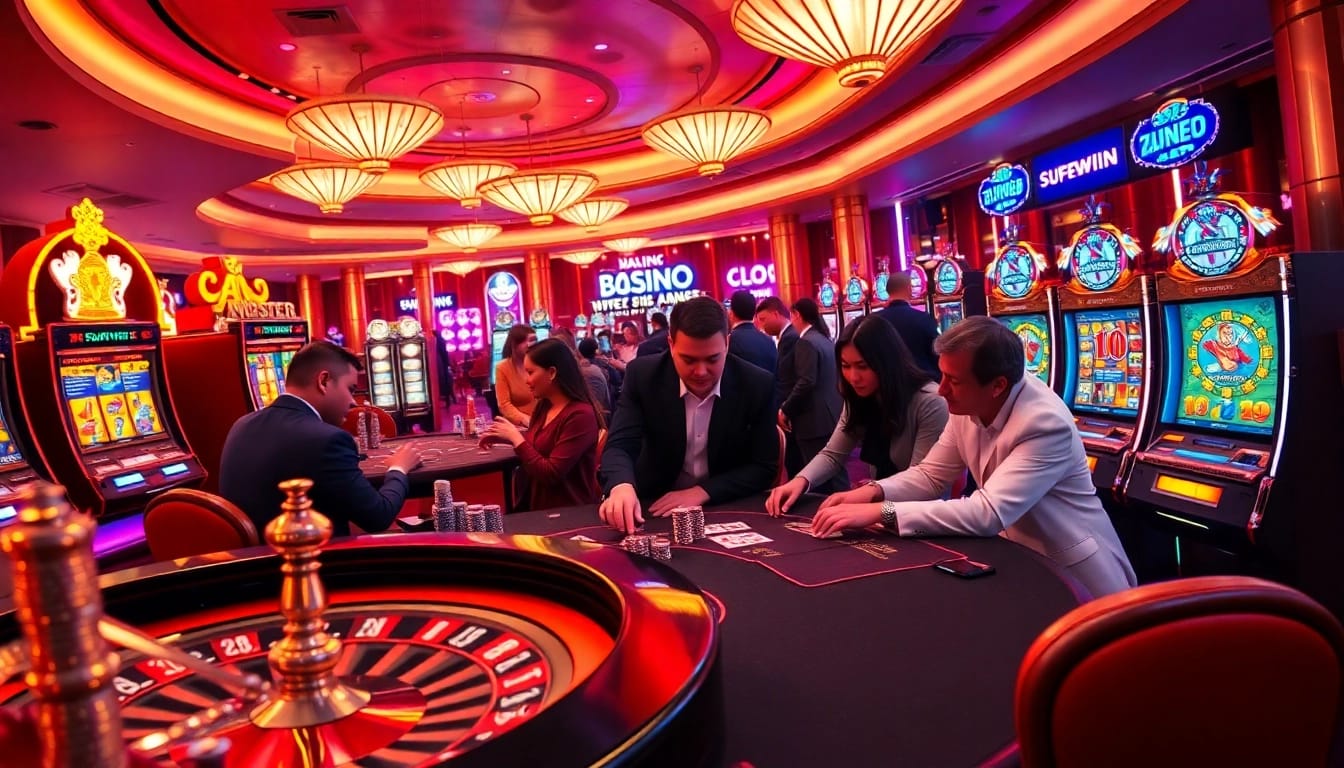 Surewin's vibrant casino scene featuring players at a poker table and lively slot machines.