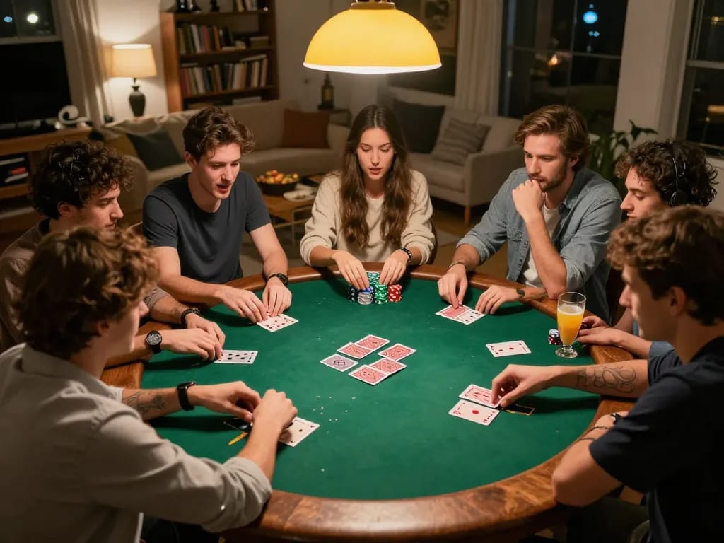 Poker night excitement among friends at 79king home game, showcasing strategy and camaraderie.