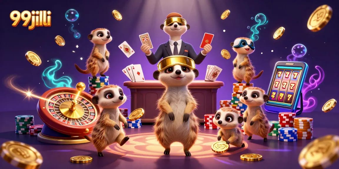 Experience thrilling gaming action at 99jili with meerkats running an elaborate casino.