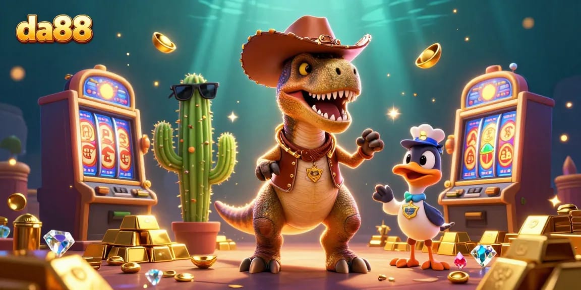 Experience da88 with vibrant cartoon characters and dynamic slot machines in a lively casino setting.