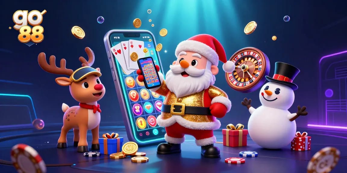 Experience the excitement with go 88 gaming, featuring a festive casino scene with animated characters and gaming elements.