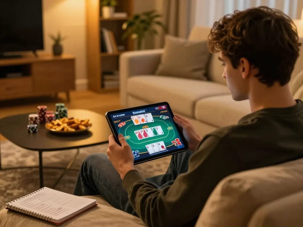 Player engaged in a sumclub online poker game on a tablet, cozy home setting