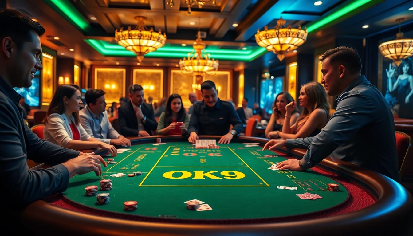 Players enjoy an engaging game at the OK9 casino table, capturing the thrill of gambling.