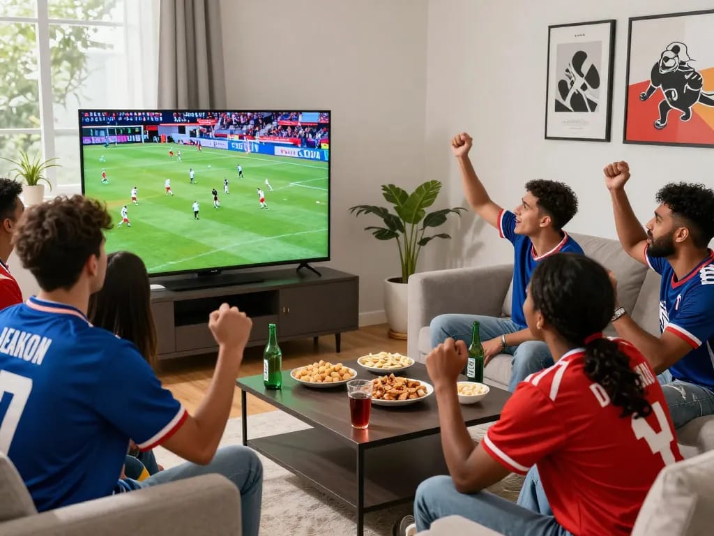 Cakhiatv live football match viewing with friends in a dynamic living room setting.