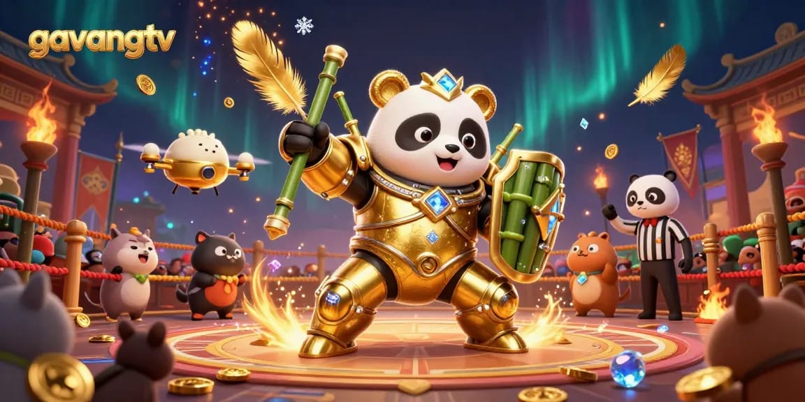 Bet on excitement with gavangtv featuring a golden panda battling in a vibrant casino arena.