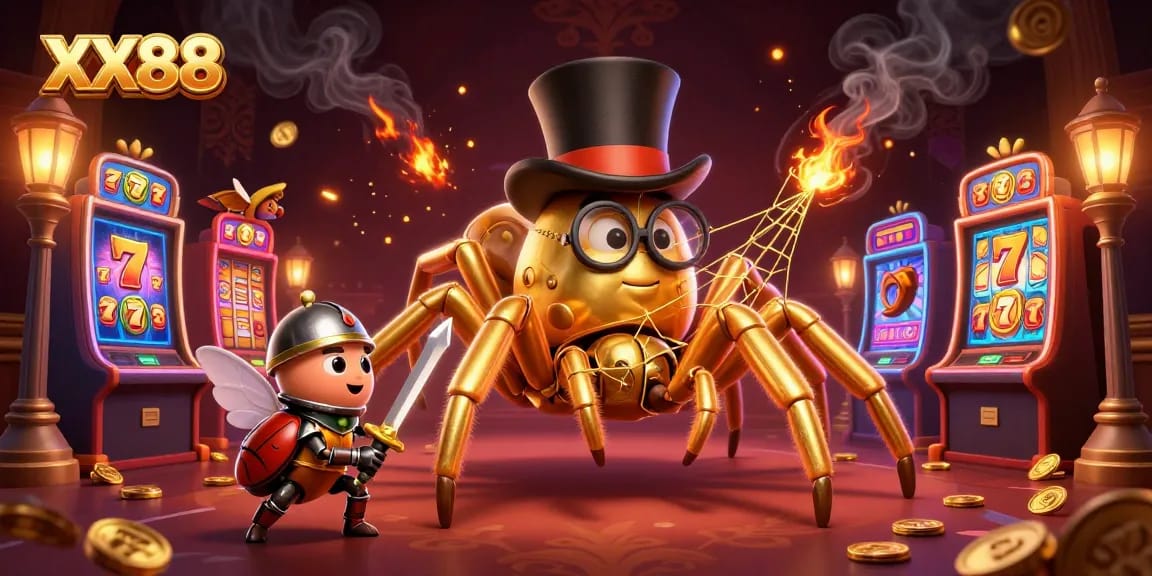Experience exciting slots at XX88 with a golden tarantula weaving luck into every game.