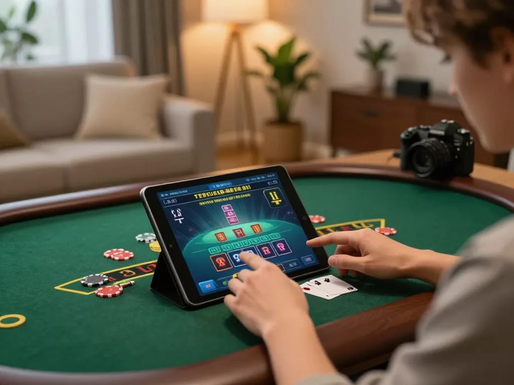 Household experience of online gambling with Nhà cái 789win, showcasing a blackjack gameplay on tablet in cozy setting.