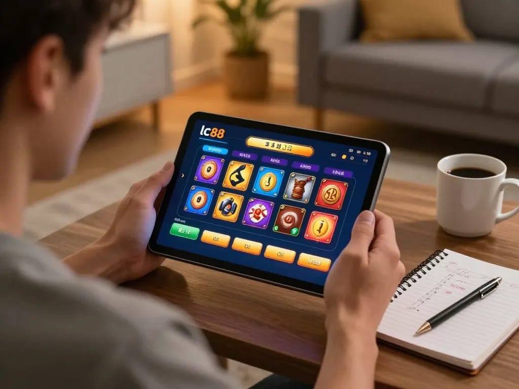 Player engaging with lc88 online casino app in a cozy home setting.