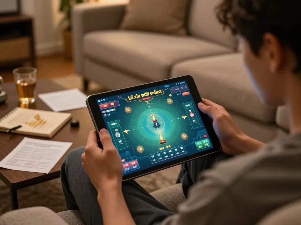 Player immersed in tài xỉu md5 online game, showcasing strategic play in a cozy home setting.