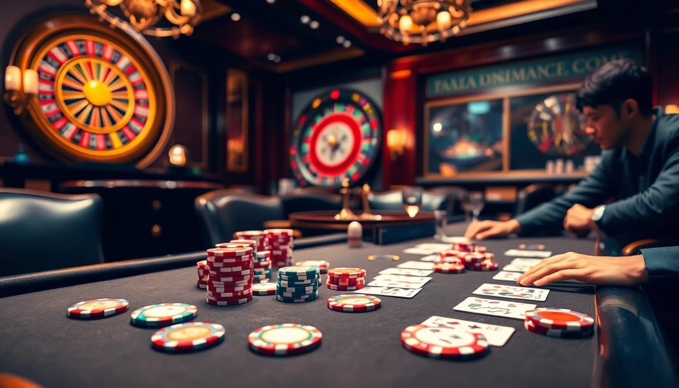 Action-packed poker game at https://98win9.bid/ with vibrant chips and players immersed in the challenge.