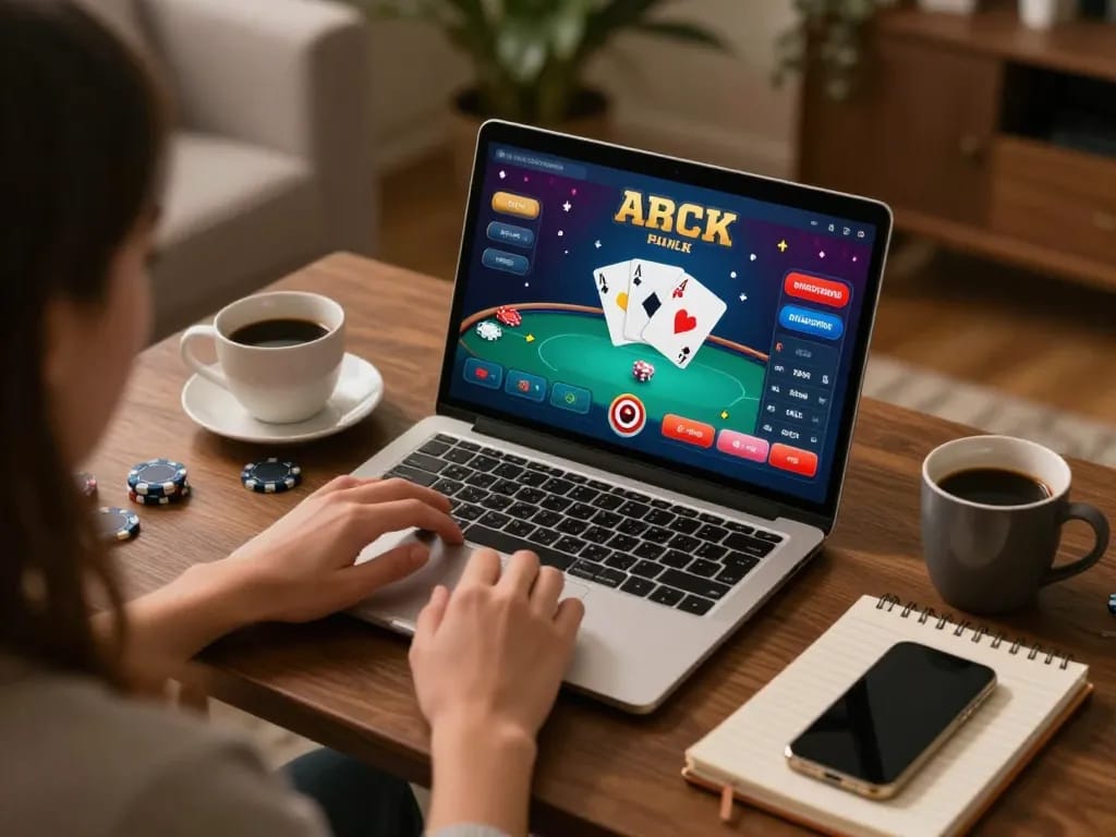 Player strategically analyzing their poker hand on 23win during a cozy home gaming session.