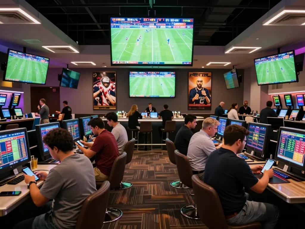 Patrons actively engaging in sports betting with their smartphones at an upscale betting lounge in a modern casino, capturing the energy and excitement of nowgoal.