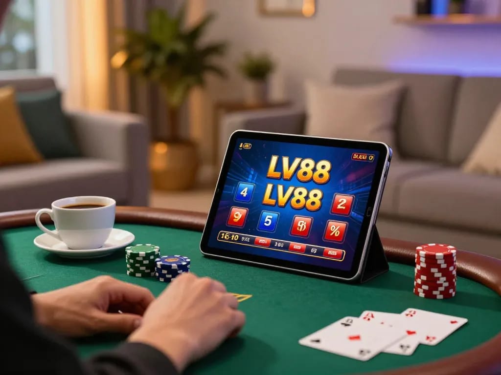 Player enjoying a hands-on experience with LV88 casino app on tablet at home, emphasizing responsible gaming.