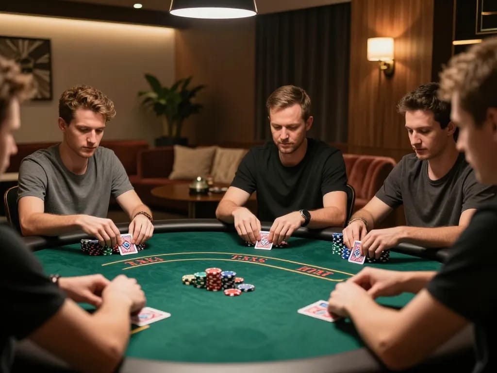 789Club poker players engaging in an intense game at a stylish table, showcasing strategic gameplay and competitive atmosphere.
