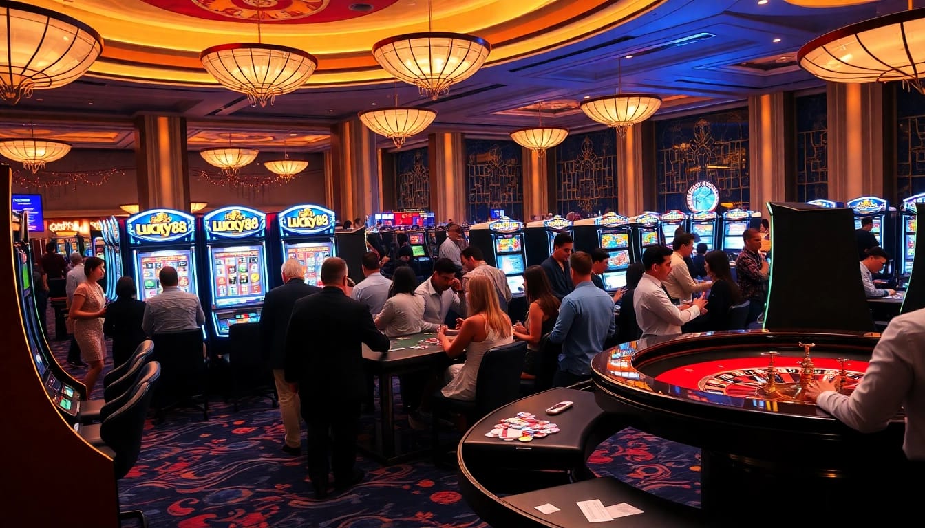 Lucky88 slot machines attracting enthusiastic players in a luxurious casino atmosphere.