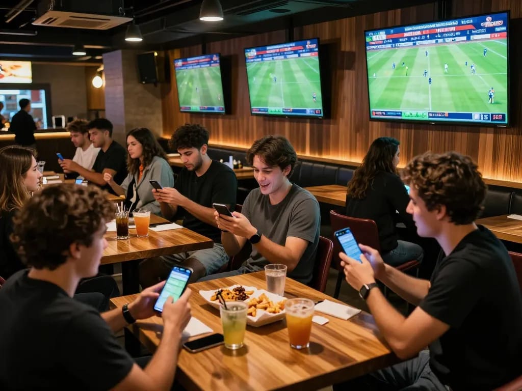 Bongdalu sports betting excitement with fans placing bets in a vibrant bar atmosphere.