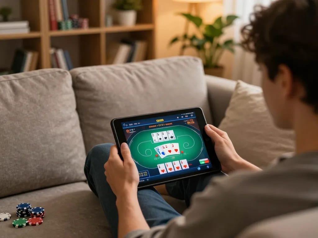 Person engaging in online gambling with GK88 on a tablet in a cozy home setting