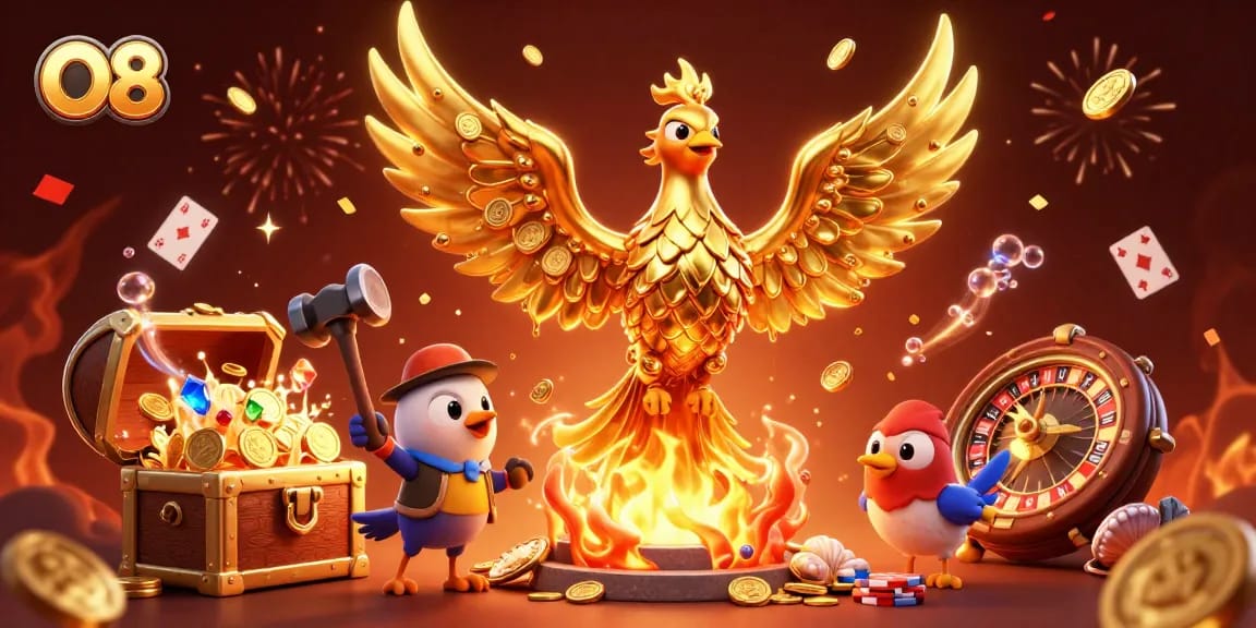 Experience the excitement at O8 with a vibrant casino scene featuring gold phoenix, coins, and gaming elements.