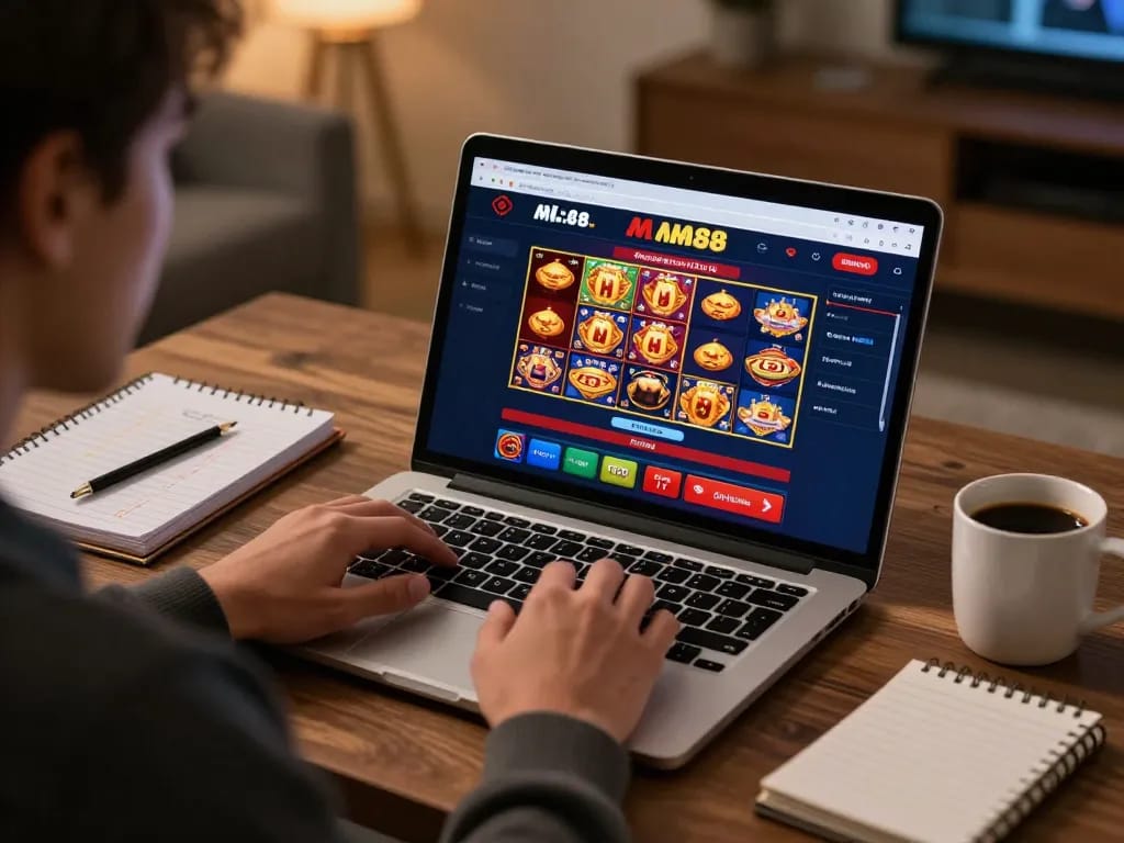 Player engaging with mm88 online casino games at home, showcasing strategy with a laptop and betting notes.