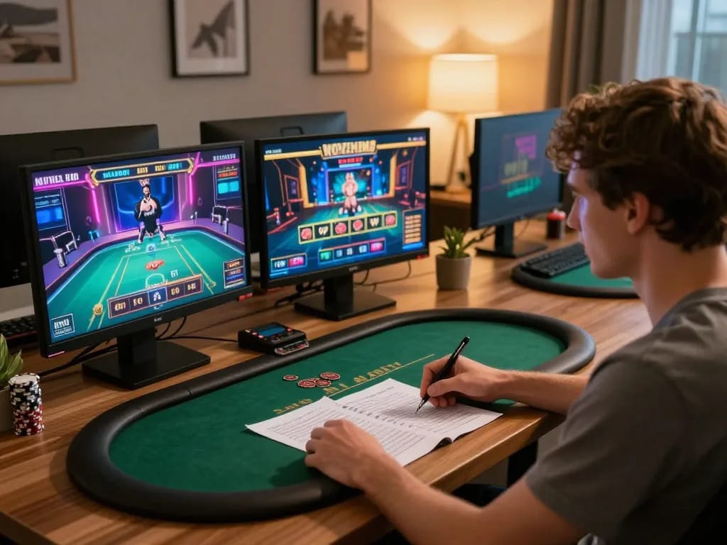 Player analyzing strategies at home while engaging with LC 88 online casino games showcasing immersive gameplay.