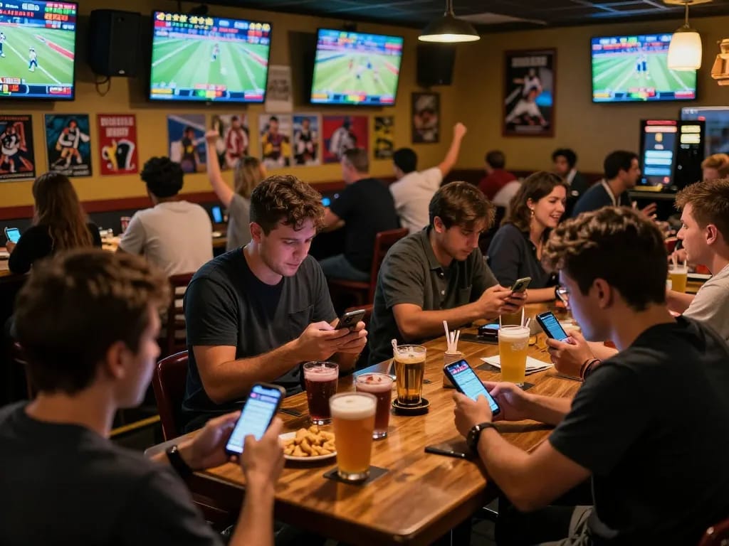 Betting enthusiasts engage with soibet apps in a lively sports bar, excited by live games.