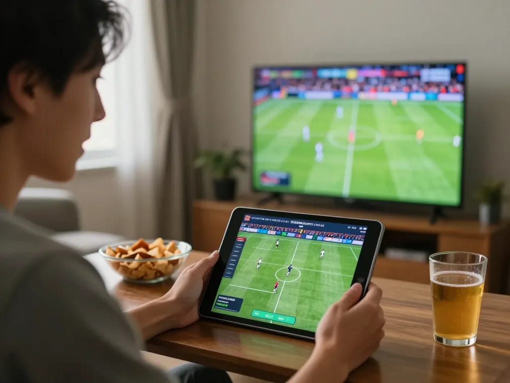 Placing bets on ga8888 tablet during live sports match with an engaging atmosphere.