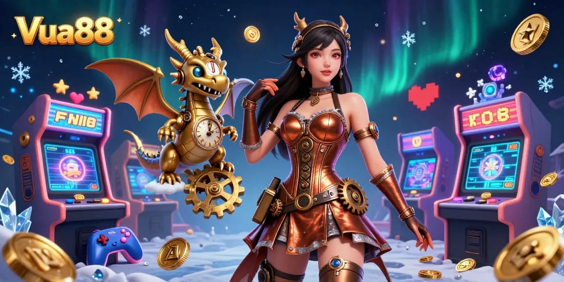 Play exciting games with Vua88 featuring vibrant characters and engaging casino elements in a lively illustration.