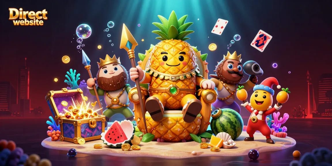Spin the reels at the Direct website's lively tropical casino featuring a golden pineapple king and fruit-themed elements.