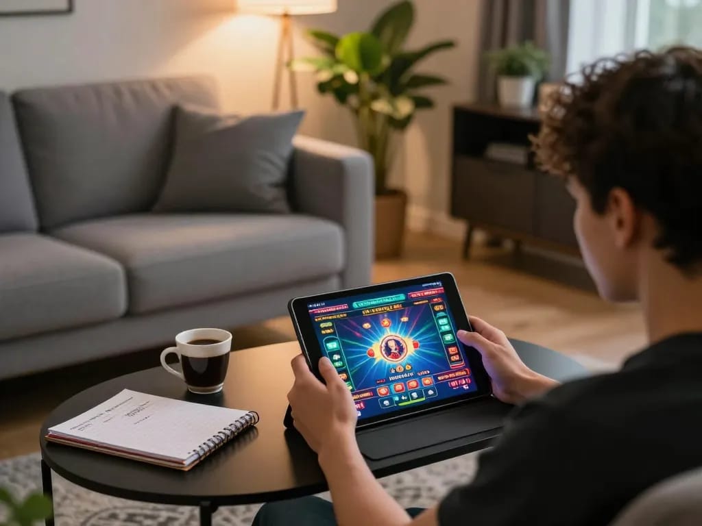 Kuwin player engaging in online casino gaming on a tablet from a cozy home setup, emphasizing strategic entertainment.