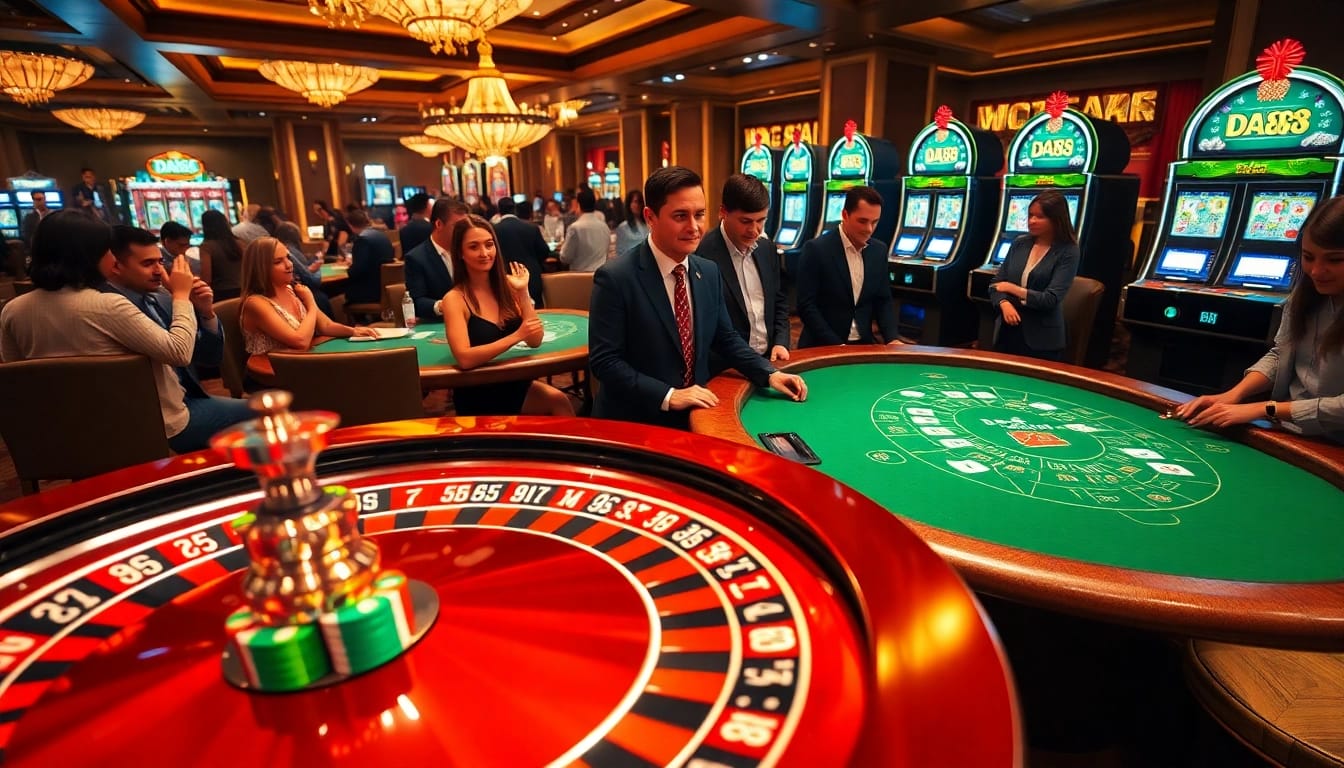 Engaged players celebrate wins at elegantly designed DA88-themed casino tables.