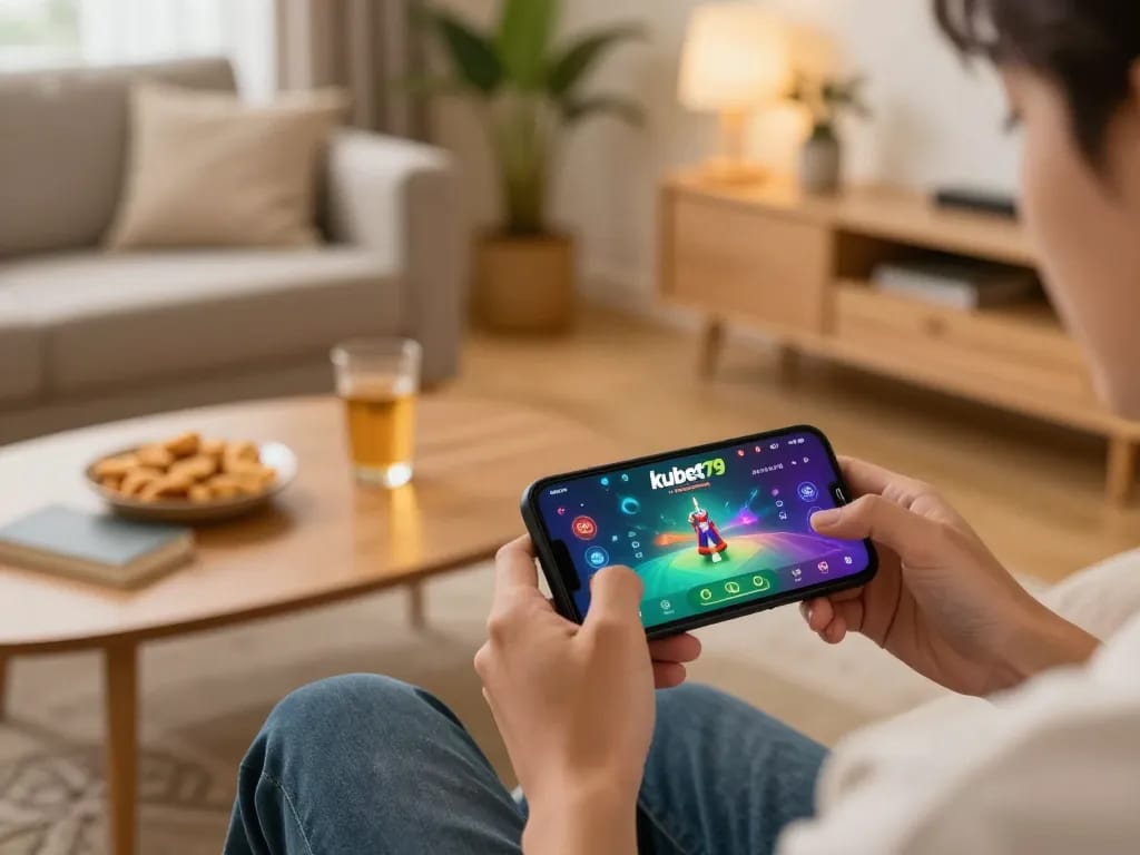 Player engaging with kubet79 app for mobile gaming in cozy room setting.