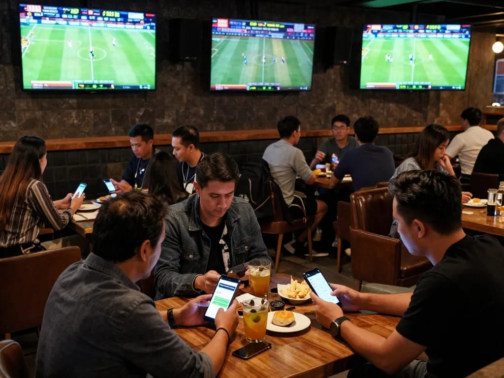 Engaged patrons placing bets on keonhacai in a vibrant sports bar atmosphere.