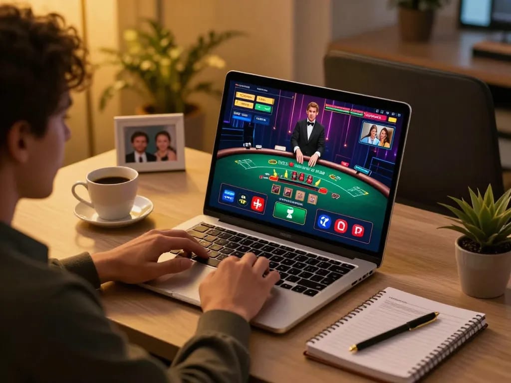 Engaged player enjoying me99 online blackjack at home with strategies and coffee.