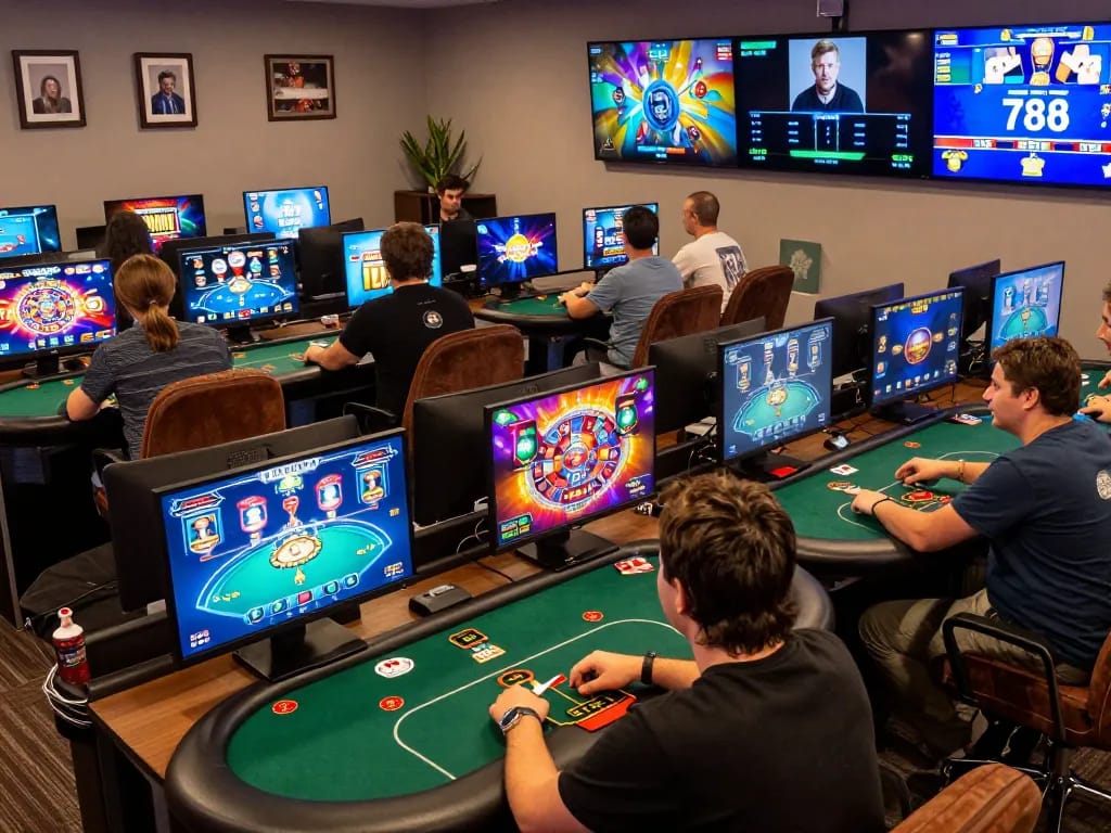 Players enjoy online gaming session at 88club, engaging with poker and slots in a comfortable setting