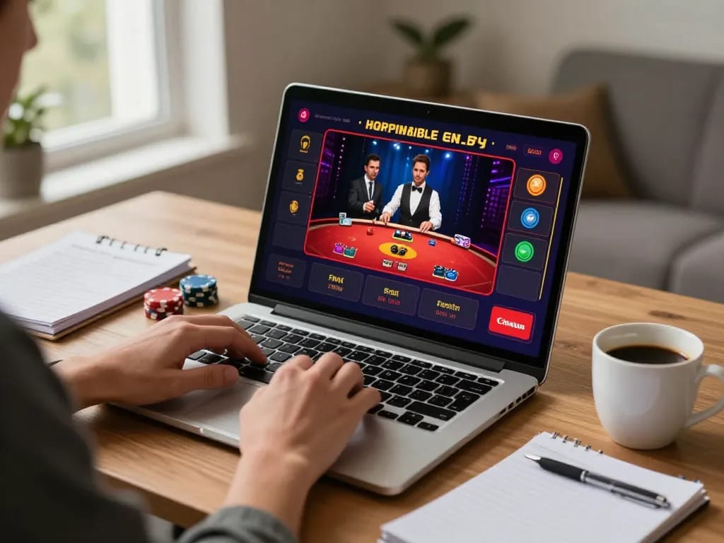 Person playing ALO8 online casino game on a laptop with gaming notes nearby in a cozy setting.