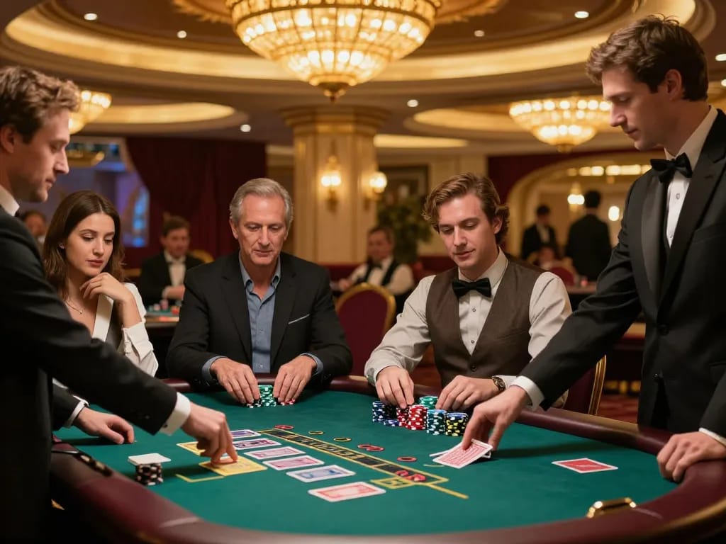 Players anxiously engaging at the 79KING blackjack table, capturing the thrilling casino atmosphere.