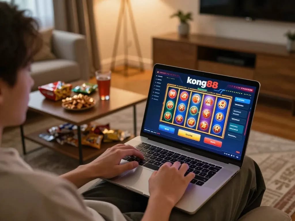 Kong88 player enjoying an engaging slot game on their laptop at home, demonstrating online casino excitement
