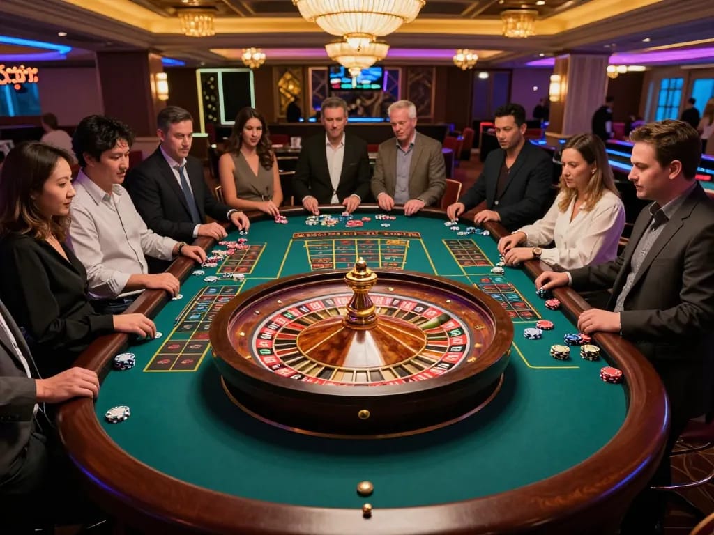 Gamblers placing bets at a vibrant roulette table in cm88 casino, showcasing dynamic gameplay