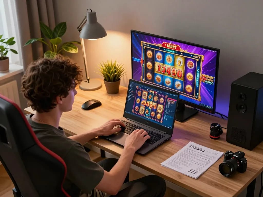 Engaging in online slots at trang chủ fun79 with a laptop, showcasing excitement in a cozy home setting