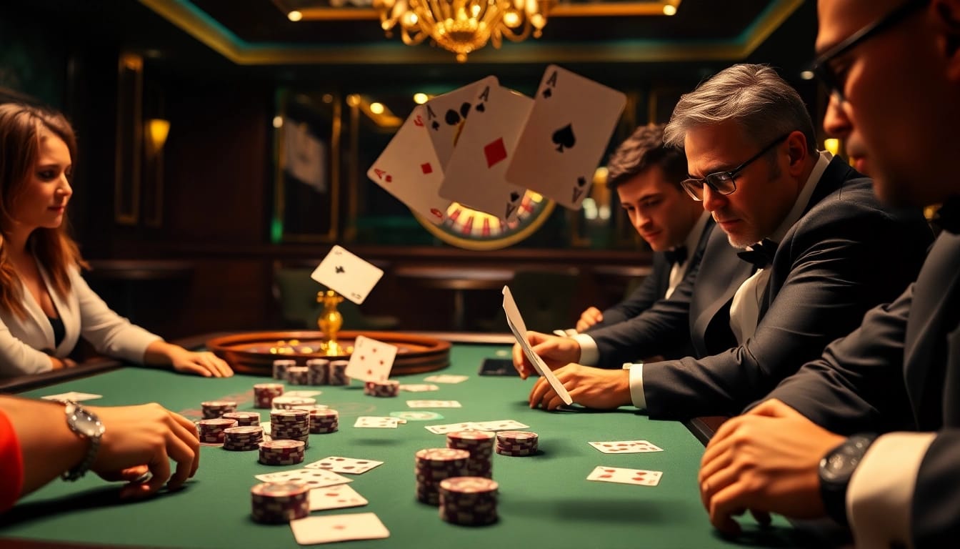 77bet players strategizing at a high-stakes poker table with dynamic gaming elements.