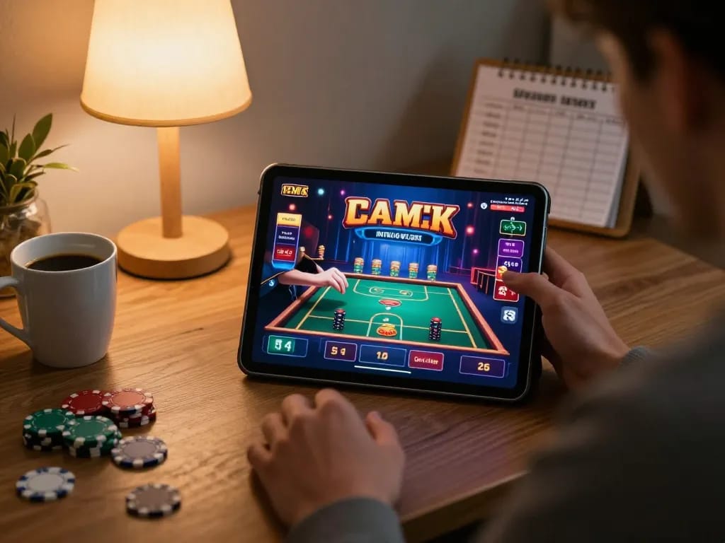 Engaged player enjoying 33win online gambling on a tablet in a cozy home setting while managing their bankroll