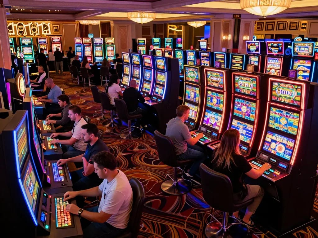 Engaged players enjoying the thrill of winning on sunwin slot machines in an upscale casino