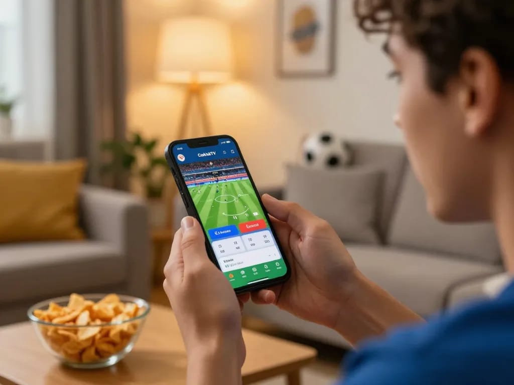 CakhiaTV user engaging with live football betting options on smartphone in a cozy home setting.
