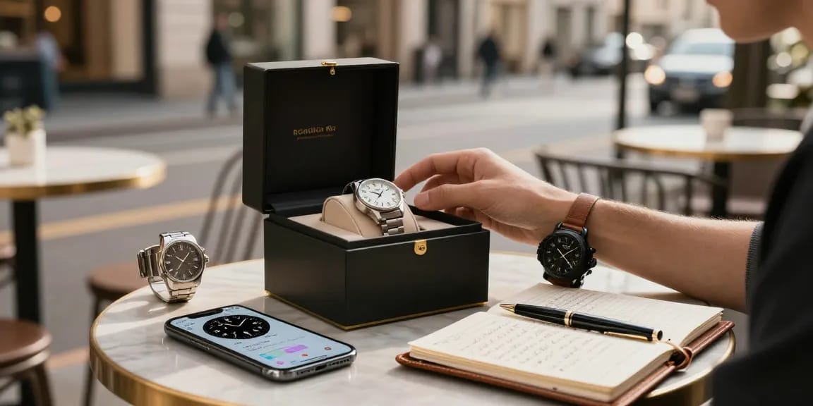 Excited enthusiast reviewing replica watches in stylish café setting.
