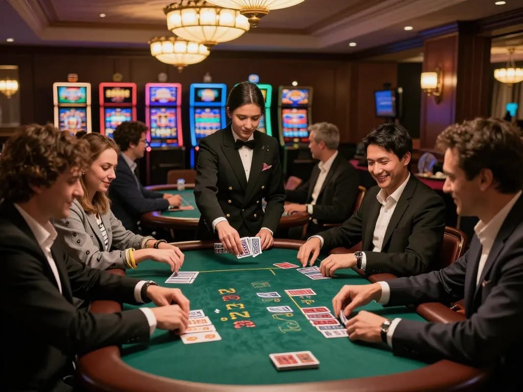 MM88 players engaging in strategic blackjack bets at a luxurious casino table