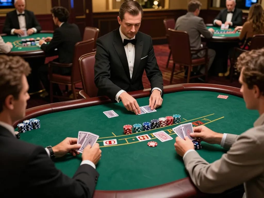 Engage with 68win at an upscale blackjack table in an elegant casino setting.