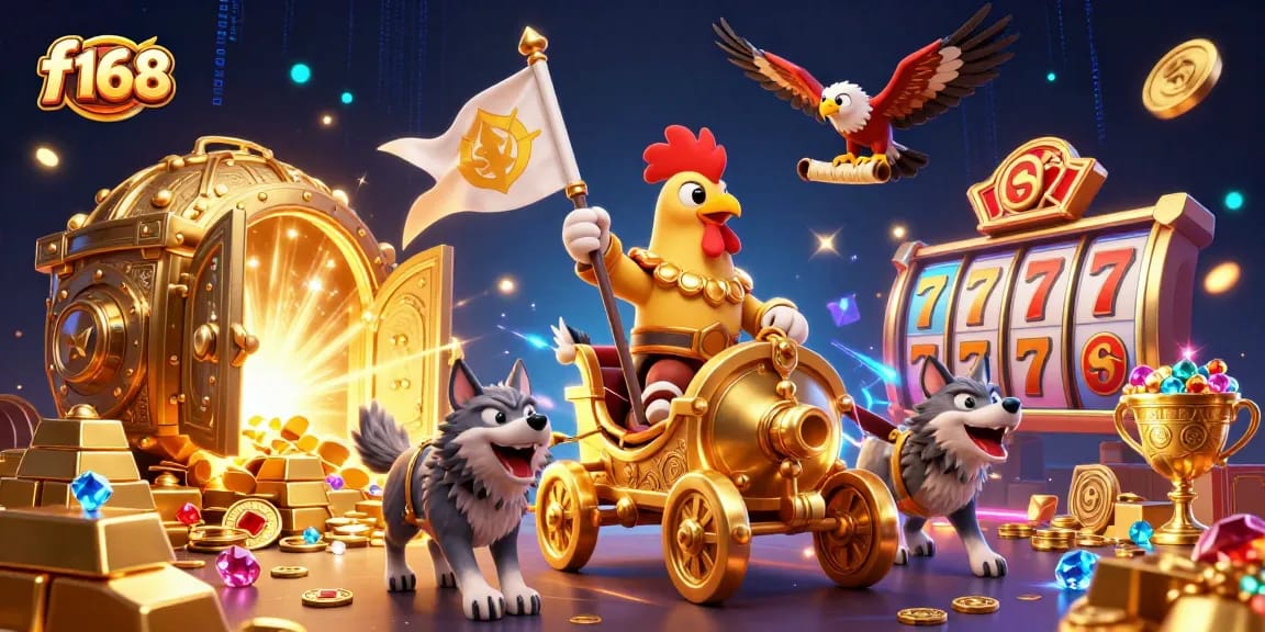 Experience the thrill of winning at f168 with a vibrant 3D casino scene showcasing dynamic gaming elements.
