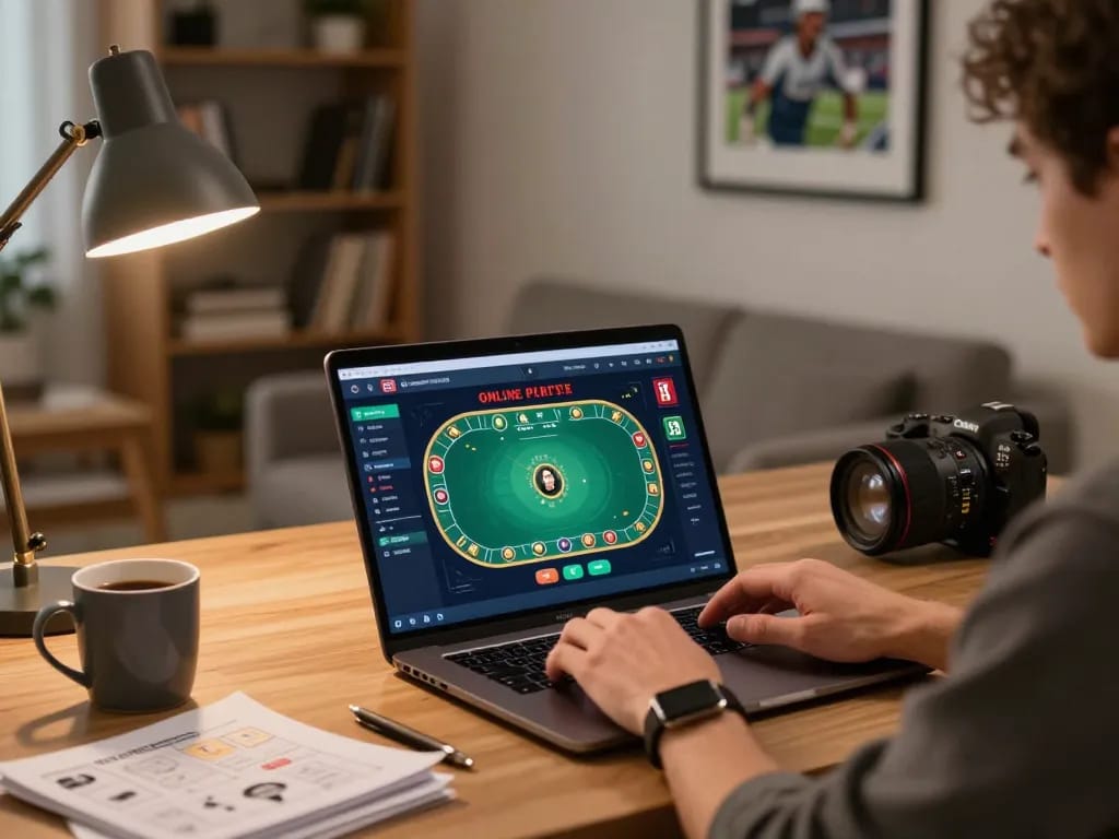 Player analyzing odds on keonhacai5 at home with laptop in cozy office setting